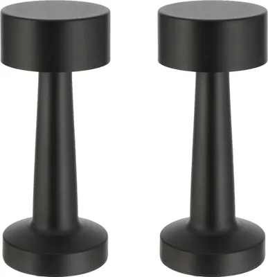 Two black metal table lamps with a conical base and a cylindrical top, presented against a white background.