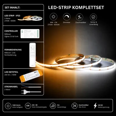 Produktbild von LED Streifen Set CCT IP33 – COB LED Streifen 24V, 16 W/m, 1345 lm/m, 5m, 2700-6000K – SS100 Netzteil, SZ2 Zigbee 3.0 Controller  und  C1 Fernbedienung Weiß