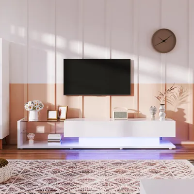 Productafbeelding van Merax TV-kast met hoogglansafwerking en LED-verlichting, geschikt voor televisies van 50-59 inch, TV-meubel met 2 lades en 2 glazen planken, rustieke stijl, wit