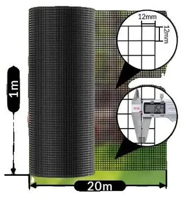 Image de Filet de jardin, acier galvanisé, revêtement PVC antirouille, filet PVC noir 20 m - 12 mm