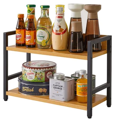 Image de Elzusha - Étagère à épices à 2 niveaux, étagère de cuisine et organisateur de bureau pour la cuisine, le salon et le bureau, en bois naturel
