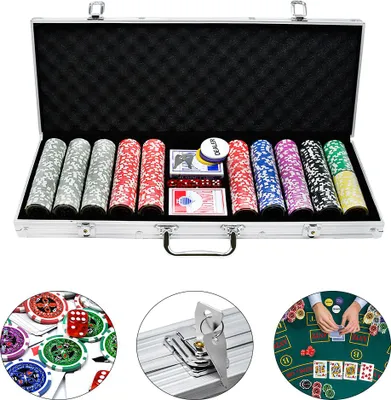 Obrázok produktu pre Sada pokerového kufríka XINZI s 500 žetónmi – pokerová sada Laser vrátane 2 balíčkov kariet, 5 kociek a 3 dealerových gombíkov (500 žetónov, čierne hliníkové puzdro)