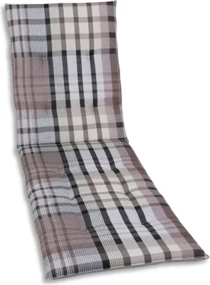 A plaid lounge chair cushion on a white background.