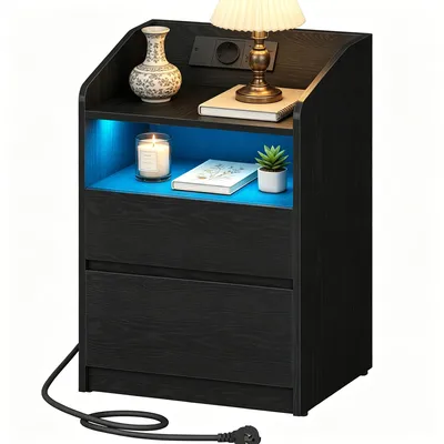 Produktbild von Nachttisch, Beistelltisch mit 2 Schubladen, 2 AC-Steckdosen, 2 USB-A-Anschlüsse, LED-Beleuchtung, Offenes Fach, Modern, Schlafzimmer, Wohnzimmer