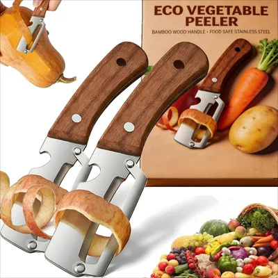 Produktbild von Multifunktionaler Gemüseschäler mit Flaschenöffner - 2er Set mit Edelstahlklinge und Holzgriff - Küchenwerkzeug für Obst und Gemüse