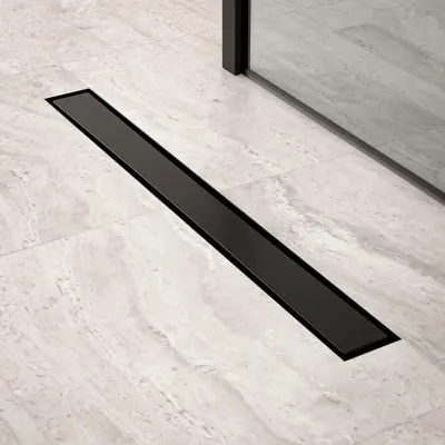 Produktbild von Duschablauf – 70 cm – Mattschwarz – Gefliester Rost – Edelstahl – Mit Flansch