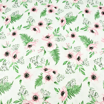 Produktbild von Baumwolle 100% Blumen Anemonen rosa-grün auf weißem Hintergrund