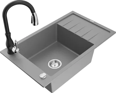 Produktbild von Mexen Elias 1 Becken-Granitspüle mit Abtropffläche und Mischbatterie Savita, Grau - 6511-71-672601-70