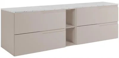 Produktbild von RODAN | Waschbeckenunterschrank Kaschmir 140 cm - Tischplatte in Weißmarmoroptik - 4 Schubladen - Hängend - Eingebautes beiges Regal - MODERN