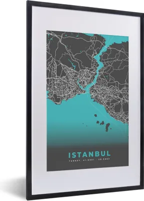 Produktbild von MuchoWow® Gerahmtes Poster Istanbul - Blau - Karte - Stadtplan - Karte 40x60 cm - Poster mit Schwarzem Bilderrahmen Wandposter Rahmen Foto Bilder - Poster in Rahmen