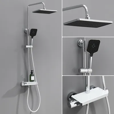 Produktbild von Auralum Duschsystem mit Thermostat und Glasablage, Duscharmatur Komplettset mit 12 Zoll Regendusche Kopfbrause, 3 Strahlarten Duschkopf Wassersparend
