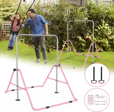 Produktbild von UISEBRT Höhenverstellbare Gymnastikstange für Kinder, Faltbare Reckstange für Indoor und Garten, Turngeräte in Rosa mit Zugring, Belastbar bis 140 LBS