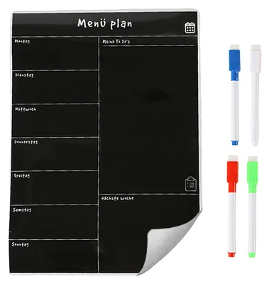 Produktbild von Relaxdays Speiseplan Wochenplaner, HxB 42 x 30 cm, magnetisch, abwischbar, 4 Marker, Whiteboard für Kühlschrank, schwarz