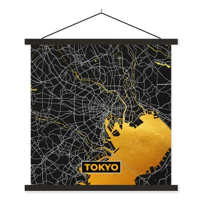 Produktbild von MuchoWow® Textilposter Tokio - Stadtplan - Gold - Karte 120x120 cm mit schwarzem Rahmen - Aufhängungsset