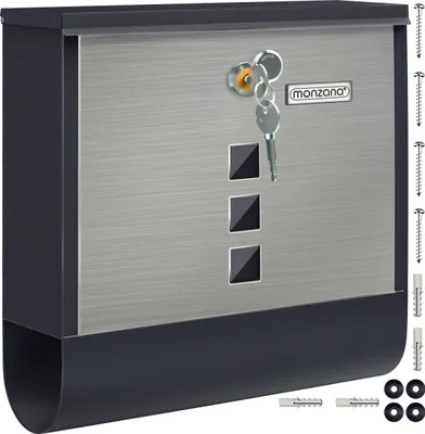 A product shot of a mailbox with keys and mounting hardware.