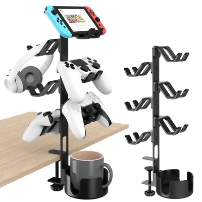 Produktbild von Multifunktionaler Controller Ständer, Kopfhörerhalter, Becherhalter abnehmbar, Tischklemme, Aluminium