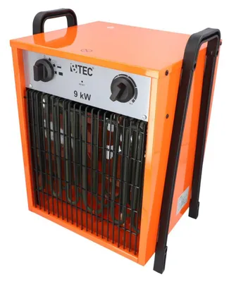 An orange electric heater with black handles and controls, shown from a slightly elevated front-right angle against a white background.
