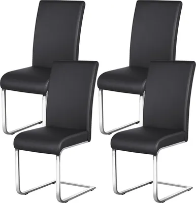 A set of four black dining chairs with chrome legs arranged in a grid formation against a white background.