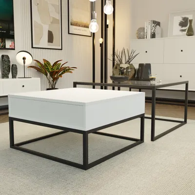 Produktbild von Moderner Couchtisch ELEGANT 2in1 Tisch mit Schublade und Stauraum 2er Set Push Open Glastisch Wohnzimmertisch Weiß Metallrahmen Stapelbar