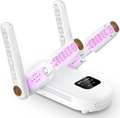 Image de Sèche-chaussures électrique à 2 paires, minuterie 1/3/6 heures, 2 vitesses, lampe UV, design pliable pour chaussures, gants, chapeaux et chaussures de ski