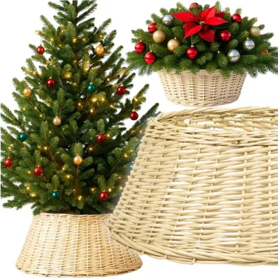 A collage of Christmas decorations including a decorated Christmas tree, a basket of greenery with ornaments, and a wicker tree skirt.