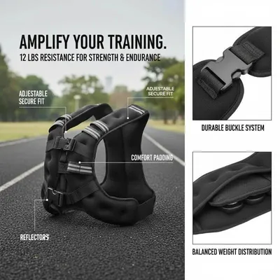 Produktbild von Gewichtsweste Herren - 5,54 kg Trainingsweste - Verstellbare Schnalle - Reflektierender Streifen - Laufen, Joggen & Fitness - Schwarz