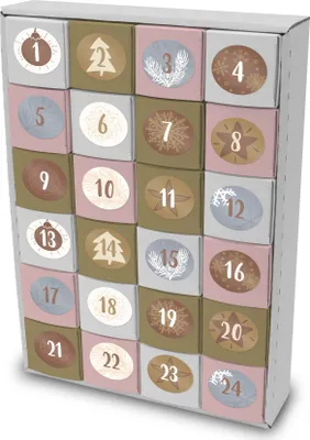 Produktbild von itenga SET Adventskalender zum Füllen Würfel 6,5cm + Sticker Z15 + Würfel (gold, weiß, rosa)