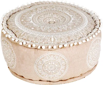 Zdjęcie produktu dla Pufa do siedzenia Marrakech okrągła 50 x 25 cm z wypełnieniem | Orientalny stołek do siedzenia Donia biały wykonany z bawełny z haftowanym motywem mandali | Pufa do siedzenia Boho jako dekoracja salonu sypialni