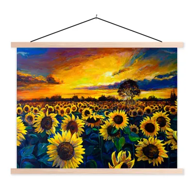 Produktbild von MuchoWow® Textilposter Gemälde - Ölfarbe - Blumen - Sonnenblume 120x90 cm mit holzfarbenen Rahmen - Magnetisch