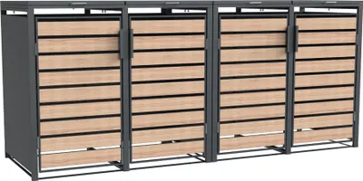 A row of four modern trash can enclosures with a dark gray metal frame and slatted wood-look fronts.