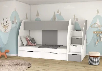 Produktbild von Hochbett Kinderbett Etagenbett Stockbett Boxspringbett Liegefläche: 80/200 cm mit Schubladen Weiss/Grau mit Fancy Matratzen Martin