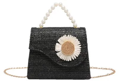 Produktbild von QKEPCY Strandtasche Damen Boho Strohtaschen Sommer Handtasche Crossbody mit Abnehmbarer Kette Clutch für Strand Party Urlaub und Hochzeit (Schwarz)