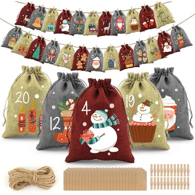 Productafbeelding van Adventskalender om zelf te vullen, met 24 stoffen zakjes van jute, voor kerstdecoratie, in de kleuren rood, geel en grijs, afmetingen 16x20 cm
