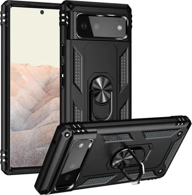 Produktbild von Conie Outdoor Schutzhülle für Google Pixel 6 Tasche Silikon Hard Case Cover Hülle mit Halter Ständer in Schwarz