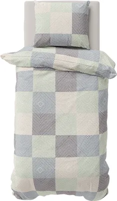 Produktbild von Bettwäsche 135x200 cm Baumwolle Renforce Bettbezug Garnitur Set Quadrate Beige Grau Eukalyptus 2 teilig