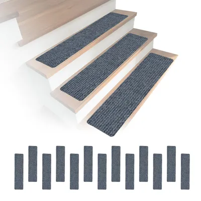 Obrázok produktu pre Relaxdays – sada 16 kusov schodových rohoží, obdĺžnikové schodové rohože, 75 x 20 cm, samolepiace schodové koberčeky, svetlosivé