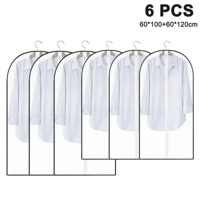 Six clear garment bags with white shirts hanging inside, arranged in a row against a white background. Text indicating quantity and dimensions is present in the upper right corner.
