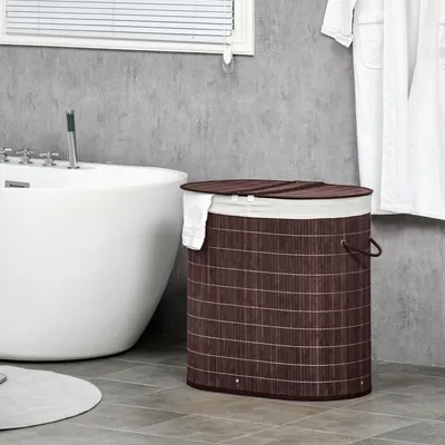 Produktbild von SUGIFT Wäschekorb mit Deckel, 2 Fächer zum Sortieren, Bambus-Wäschesammler, Braun | 100 L | 62,5 x 37 x 60,5 cm | abnehmbarer Deckel