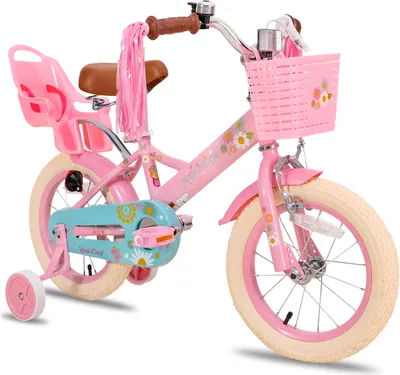 Produktbild von HILAND Joystar 14 Zoll Kinderfahrrad mit Stützrädern, Puppenfahrradsitz, Luftschlangen, Korb, Klingel, DIY-Aufklebern, Schutzblechen, für Mädchen,Rosa