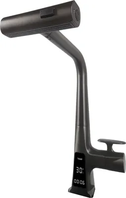 A modern kitchen faucet with a digital display.