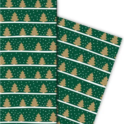 Produktbild von Schönes Streifen Weihnachtspapier mit Weihnachtsbäumen im Schnee, grün - G9879, 32 x 48cm