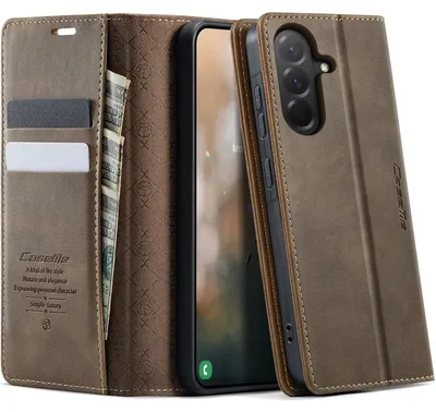 Immagine prodotto di Custodia a libro in pelle marrone per Samsung Galaxy A56 5G, con scomparto per carte RFID e funzione stand