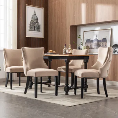 Image de Fortuna Lai Chaise à 4 pieds, chaise de salle à manger en velours beige, avec capitonnage à boutons, structure en bois massif, beige (lot de 4)