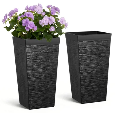 Produktbild von Pflanzkübel & Blumenkübel hoch - 2er-Set 30x30x58 cm - Mit Innentopf & Abflusslöchern - Eckig - PP-Kunststoff, Wetterfest - Für Innen & Außen - Schwarz