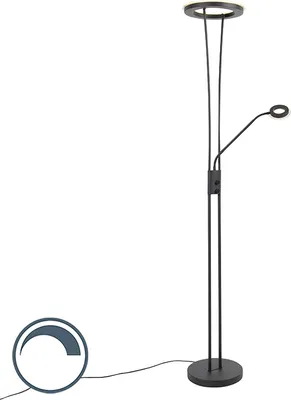 Produktbild von Qazqa led Modern Deckenfluter mit Lesearm, Stehleuchte, Stehlampe - Divine - Schwarz, inkl. 20W integrierter LED, 2700K, warmweiß, dimmbar, 2-flammig, 180cm, Ideal als Bürolampe, Schlafzimmerlampe