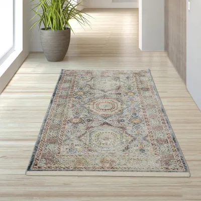Image de Tapis à poils courts frangés, couleur crème et multicolore - Dimensions : 80 x 150 cm