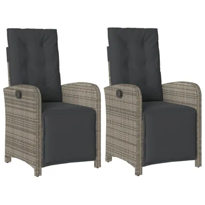 Two identical gray rattan garden chairs with dark gray cushions are shown against a white background.
