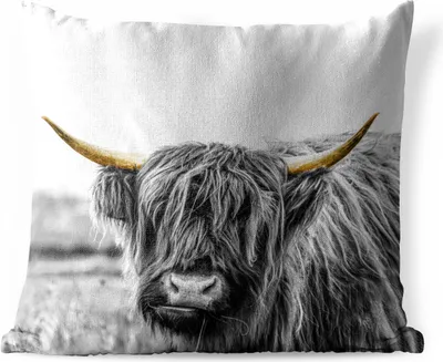 Produktbild von MuchoWow® Outdoor Kissen - Schottische Hochlandrind - Natur - Goldene Hörner - 40x40 cm - Wetterfest - Lounge Kissen - Kopfkissen - Interieur - Polster mit Bild
