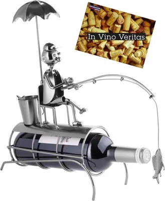 Productafbeelding van Wijnfleshouder - Visser onder de parasol - Metalen sculptuur - Wenskaart INBEGREPEN - Origineel cadeau-idee