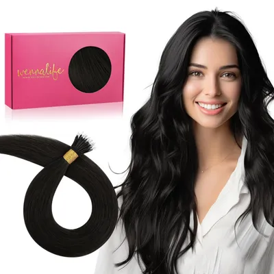Image de Extensions Nanoring, cheveux naturels, 50g, 55cm, noir naturel, 50 mèches